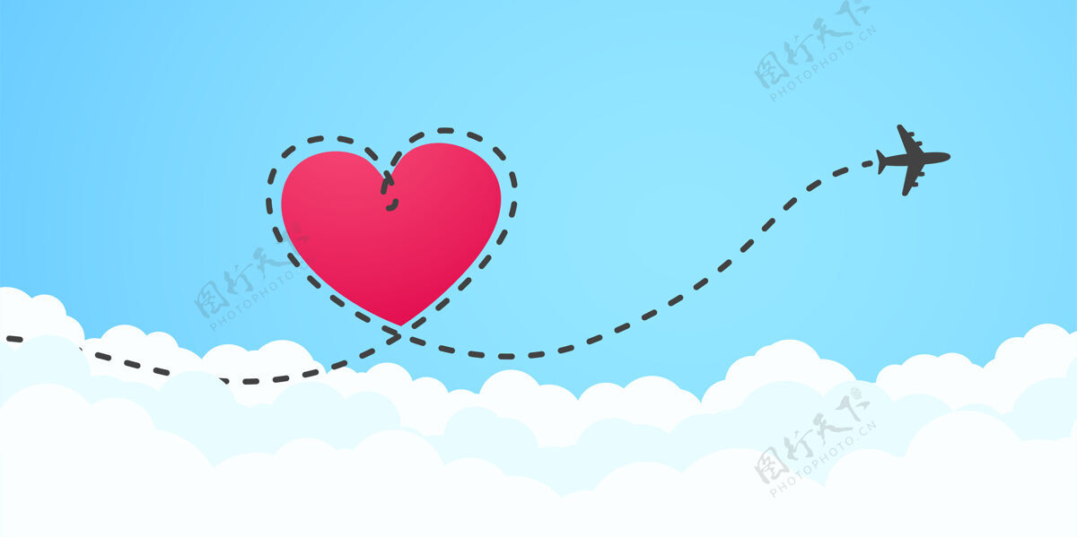 旅行一架飞机在白色的天空中飞行 留下一条爱的烟迹路径方式形状