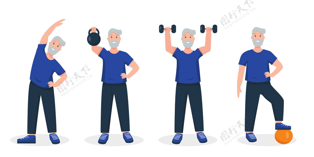 活动高级男子做体育锻炼隔离在白色性格祖父男人