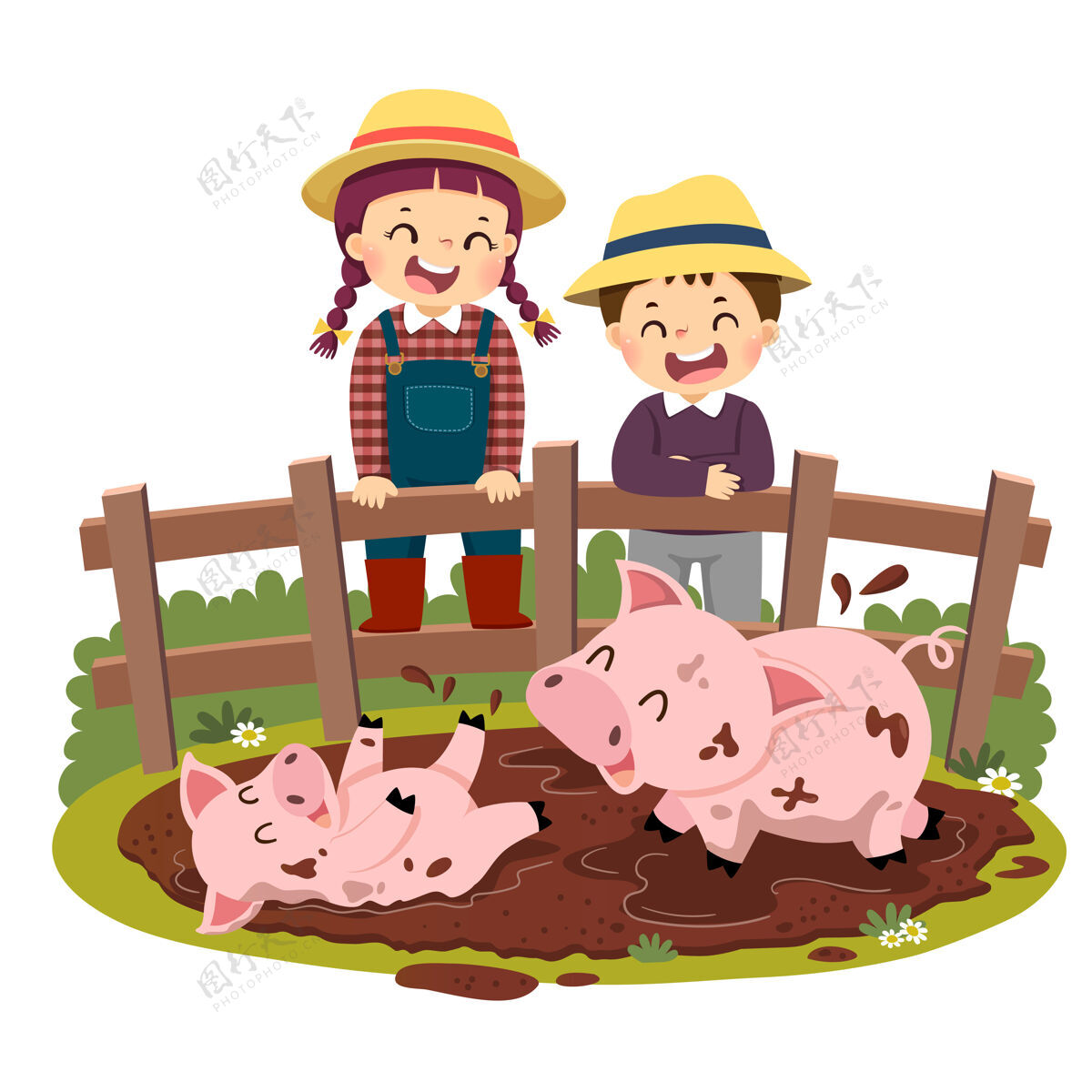 水坑快乐的孩子们看着猪和小猪在泥坑里玩耍的卡通农场孩子卡通