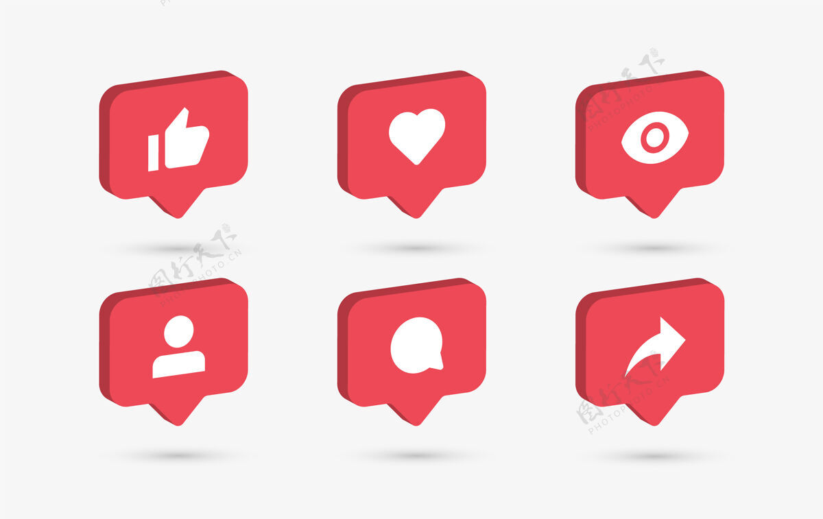 Instagram社交媒体通知图标在3d语音泡沫喜欢爱评论分享追随者看到平面拇指喜欢