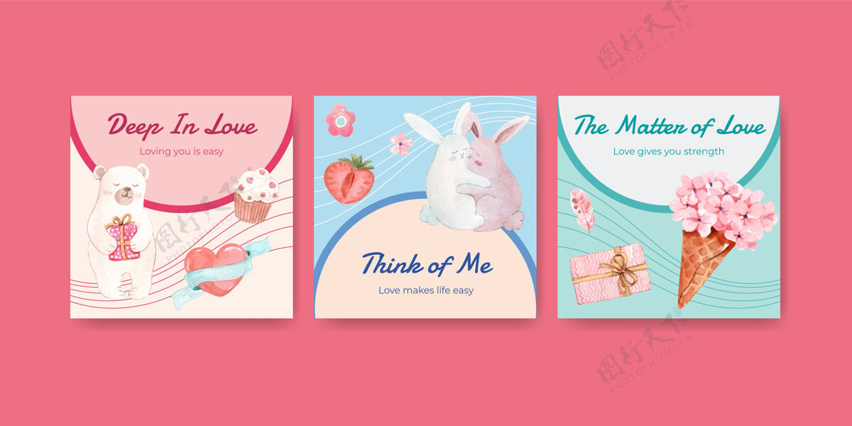 营销广告模板与爱你的营销和商业水彩插画概念设计爱情兔子卡通