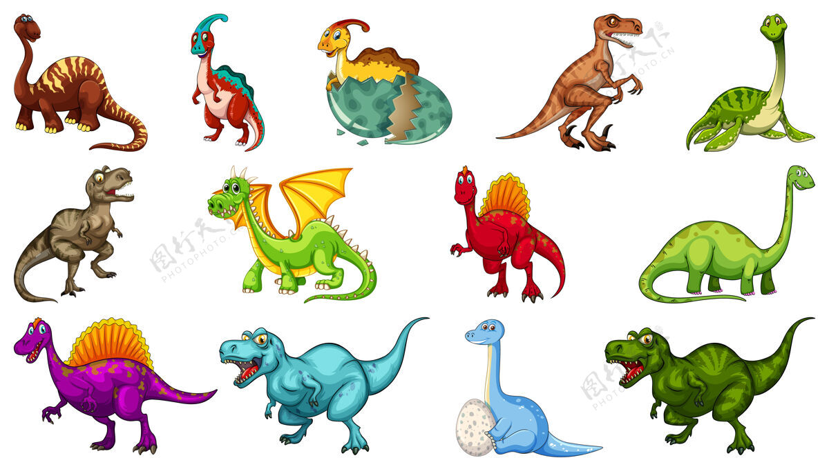 捕食者一组不同的恐龙卡通人物隔离在白色背景上漫画彩色系列
