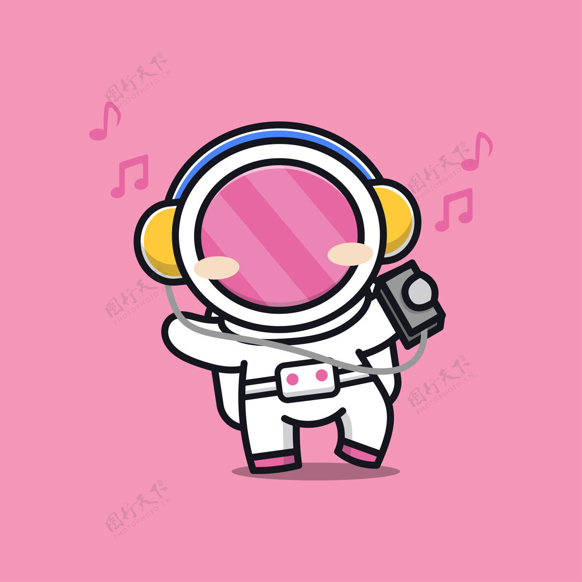 耳机可爱的宇航员听音乐卡通插画宇航员宇航服宇宙飞船