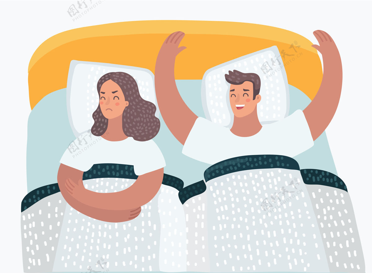 床卡通插图夫妻在床上的问题谎言睡眠问题
