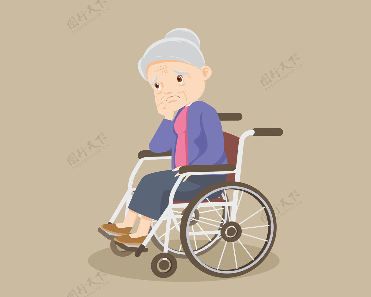 无聊坐在轮椅上的悲哀的老妇人人问题轮子
