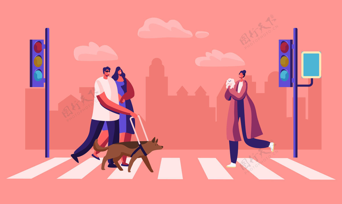 盲人残疾和健康的行人与宠物在城市道路交叉路口男人成人帮助
