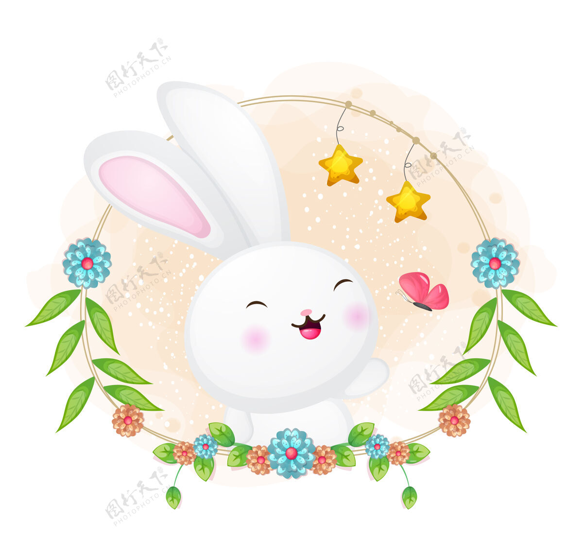 可爱可爱的兔子和蝴蝶玩花卉卡通插画手绘花卉动物