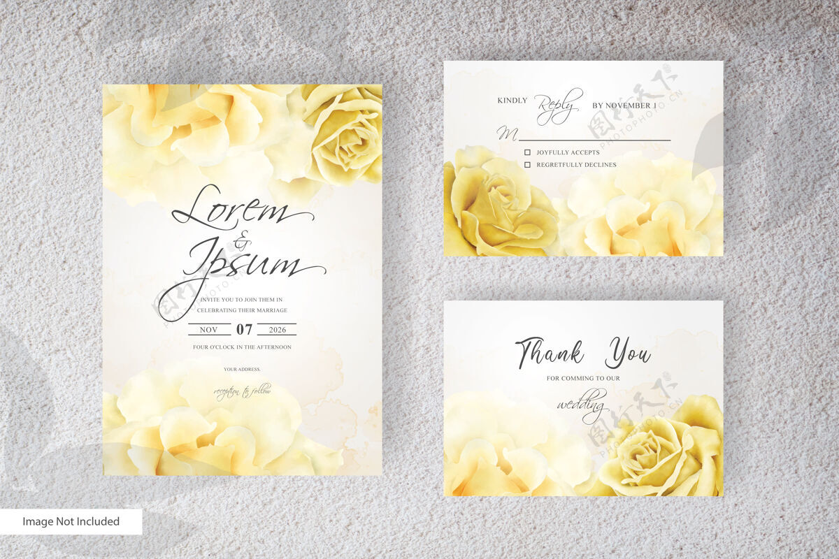 水彩简约水彩结婚卡模板与现实的花朵黄花套装Rsvp