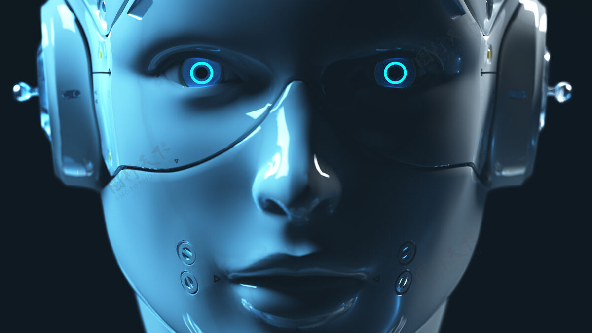 未来科技机器人赛菲机器人三维渲染蓝眼睛工作中性