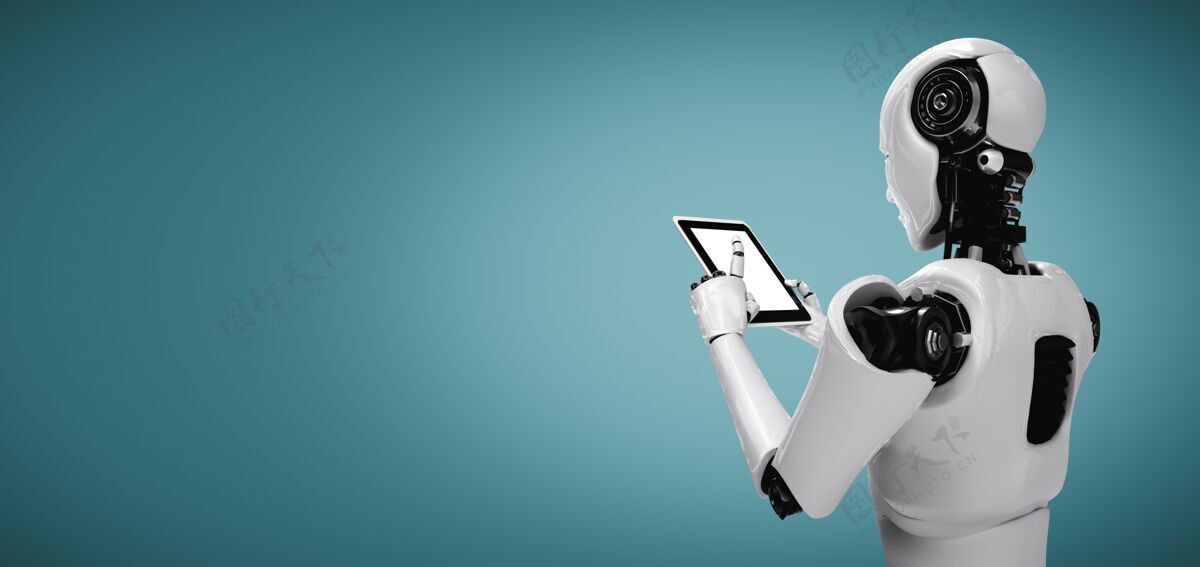 手臂机器人拟人使用平板电脑在未来的办公室机器人发明手