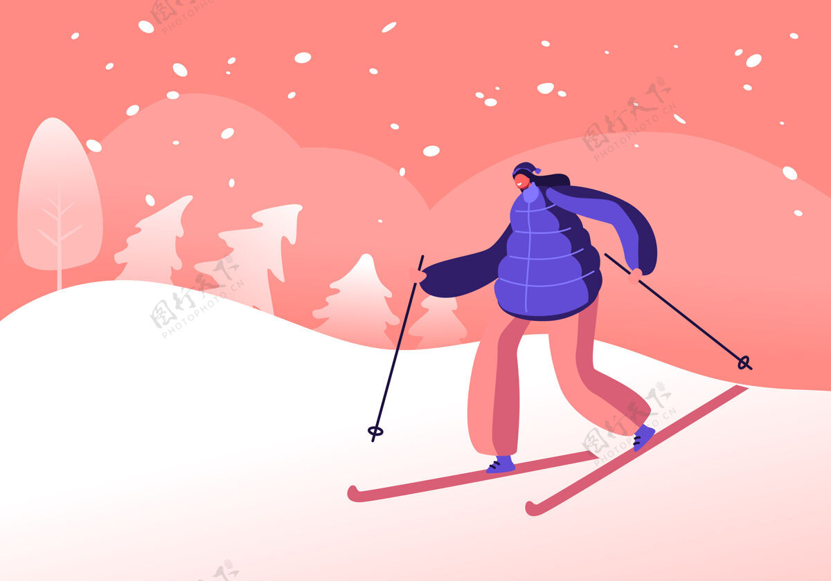 运动员冬季体育活动业余时间.卡通平面插图平面冬季骑行