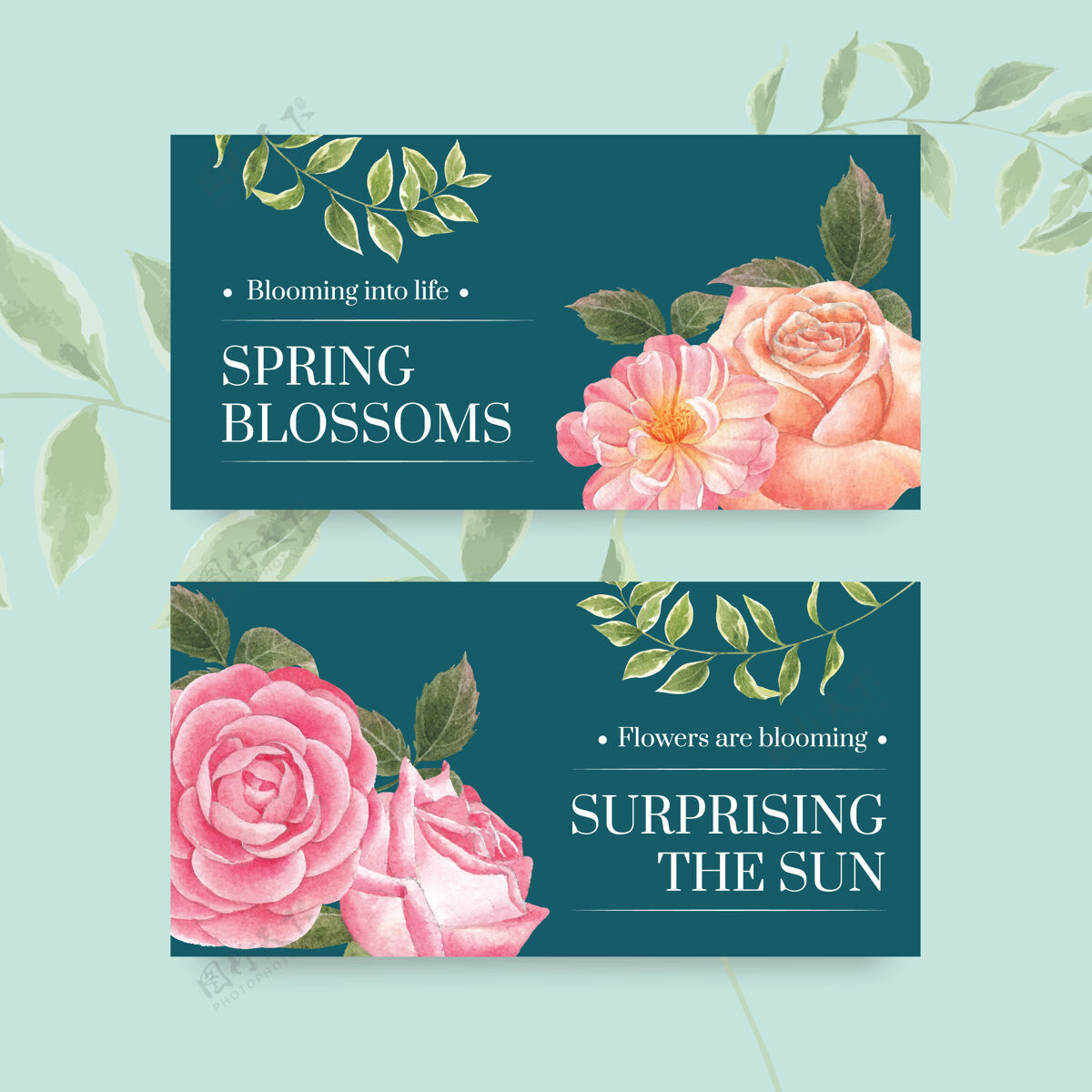 春天推特模板与春天明亮的概念水彩插图浪漫开花花