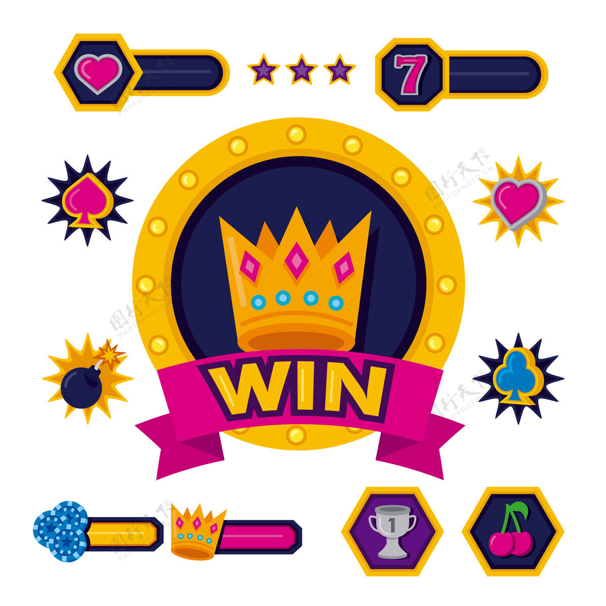 赌场一捆老虎机赌场设置图标矢量插图设计游戏皇冠标志