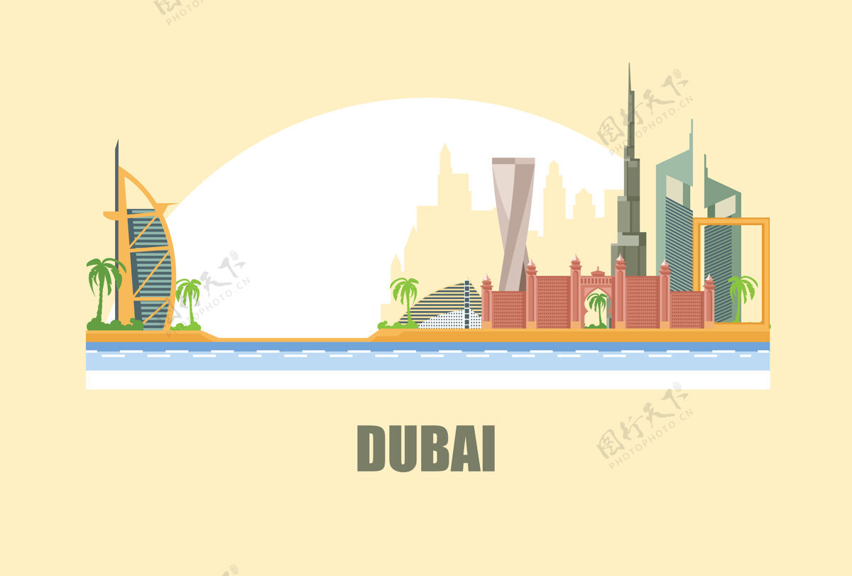 天空沙漠中的迪拜天际城市插画海洋全景地标