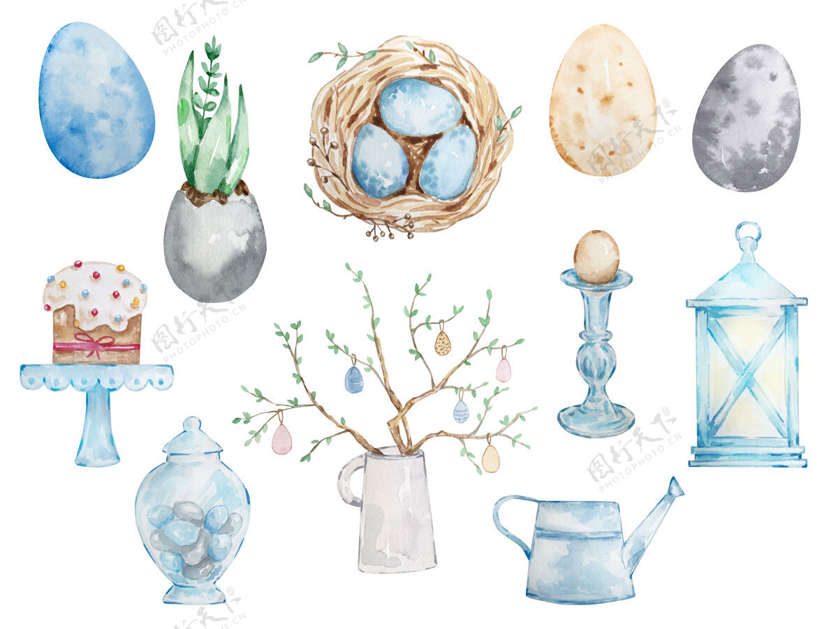 水彩水彩快乐复活节集可爱元素鸟巢鸡蛋绘画