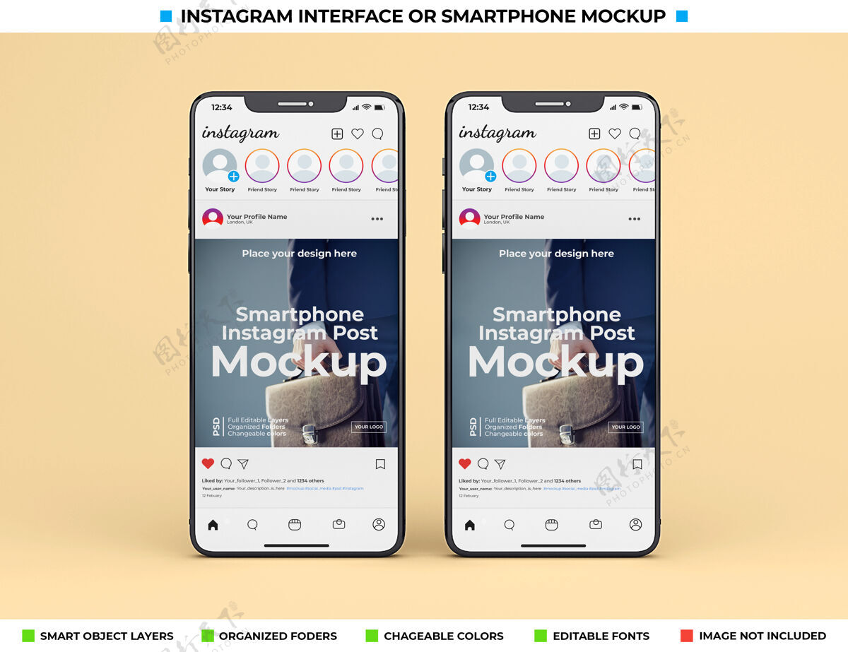 手机Instagram界面上的现代手机屏幕模型Instagram社交媒体帖子手机实体模型