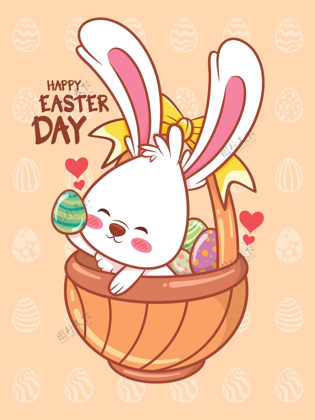 复活节快乐可爱的复活节彩蛋兔子装饰.卡通角色说明复活节快乐概念复古多彩篮子
