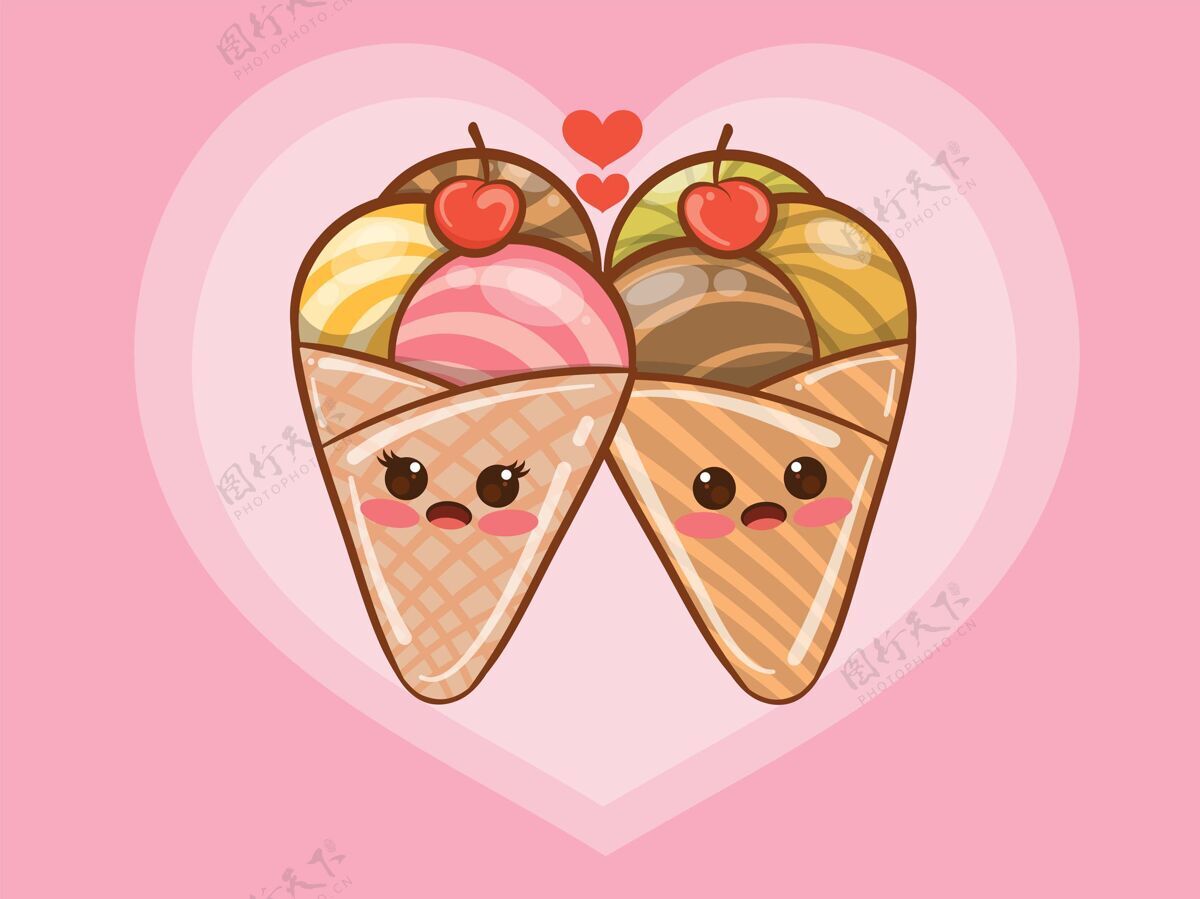 爱情可爱的冰淇淋情侣概念.卡通人物和插图插画甜点可爱