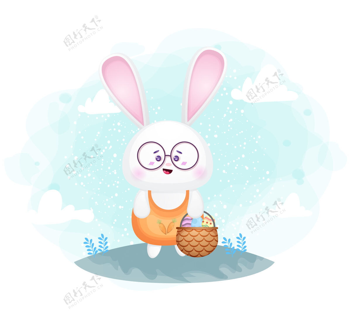 卡通可爱的兔子设计与复活节彩蛋在篮子里装饰鸡蛋篮子