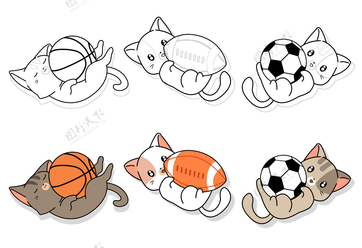 运动球可爱的猫和运动器材卡通儿童彩页平面游戏可爱