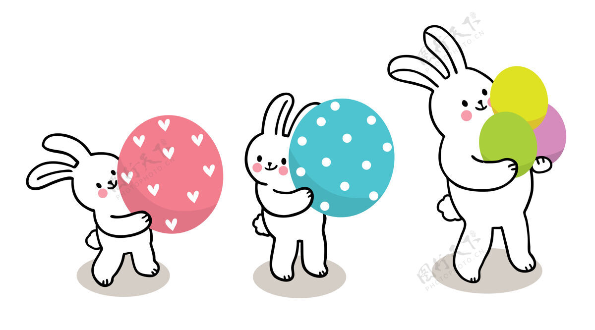 搞笑复活节那天 三只兔子和五颜六色的彩蛋手画卡通可爱鸡蛋兔子绘画