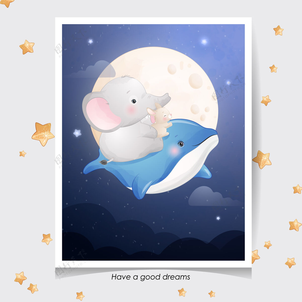 彩色可爱的涂鸦大象和小兔子与水彩插图星星婴儿淋浴夜晚