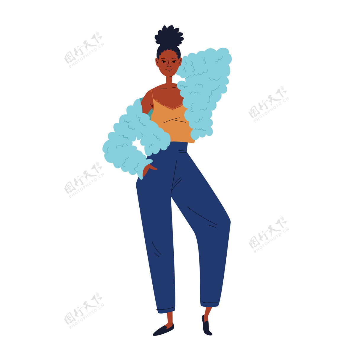 年轻女人漂亮的年轻女子摆着时髦的姿势服装.非洲卡通风格的美国女孩非裔美国人晒黑的女孩平底鞋