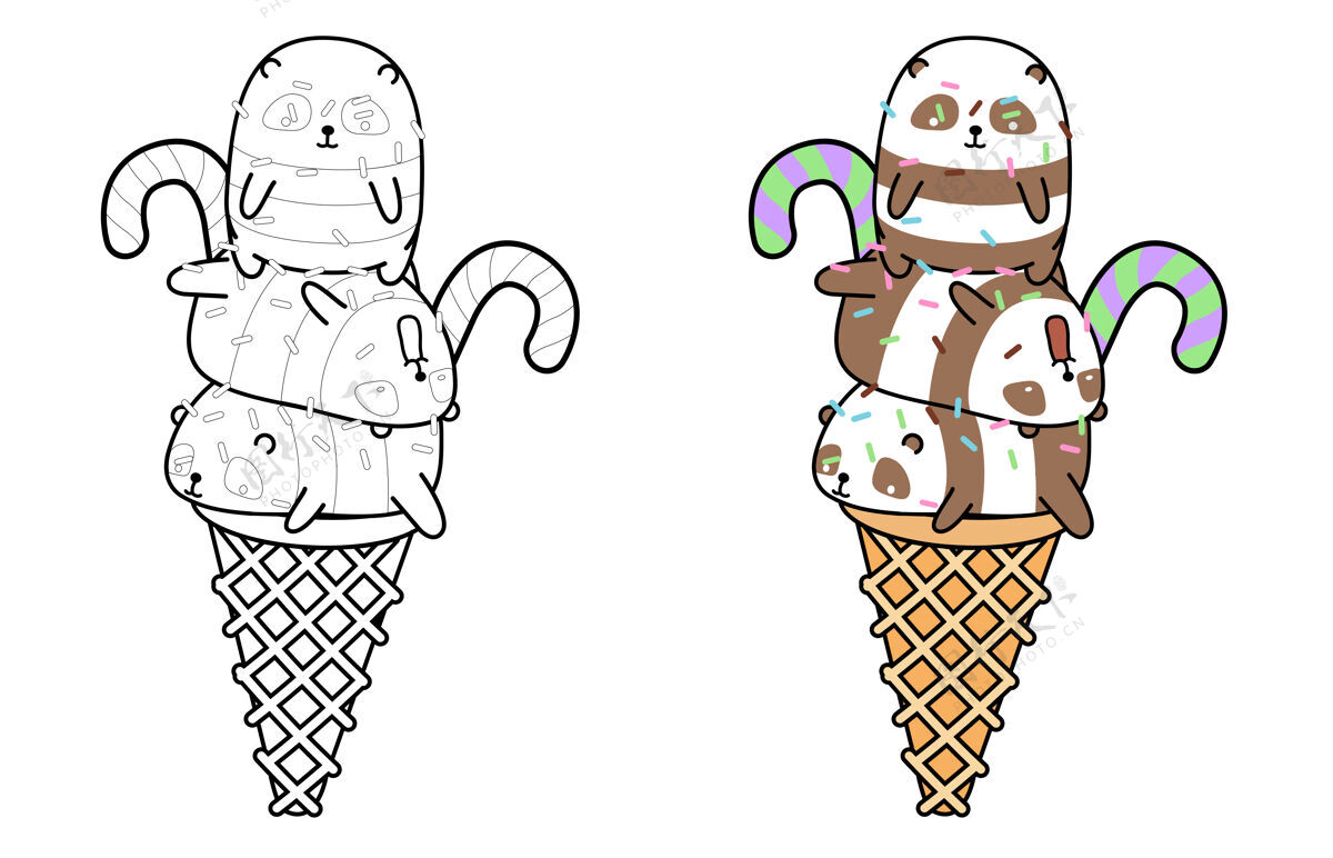 熊猫熊猫冰淇淋卡通彩页插图卡通野生