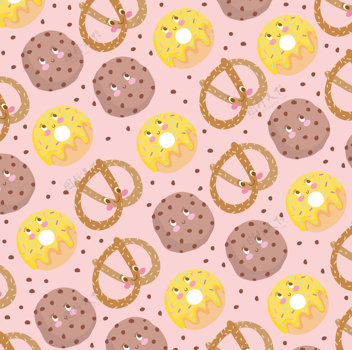 饼干食物模式饼干椒盐卷饼和甜甜圈有趣的快乐卡通矢量插图微笑人物背景