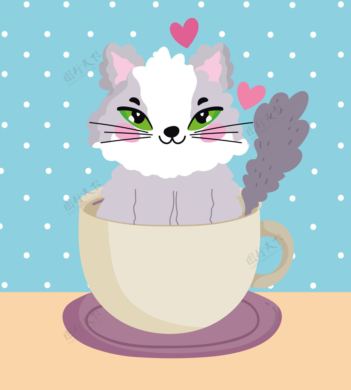 猫可爱的猫在咖啡杯卡通矢量插图心宠物人物