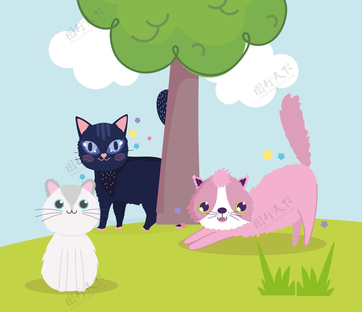 宠物可爱的猫在草地与树卡通矢量插图天空快乐草
