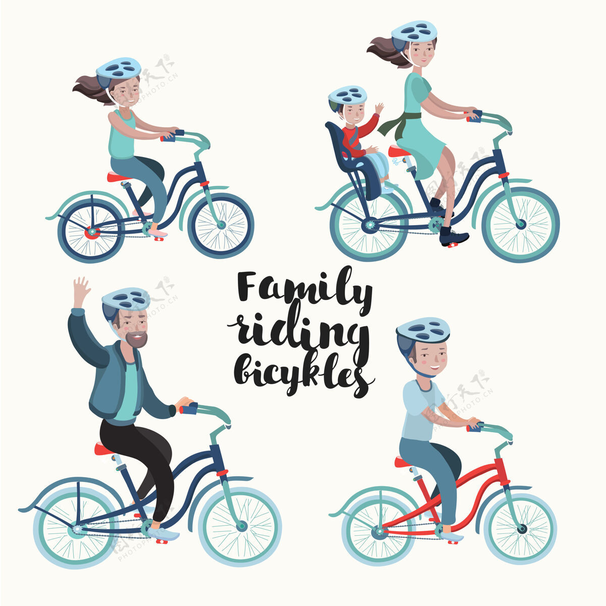 情侣卡通风格的自行车骑手家庭插图人交通工具骑自行车的