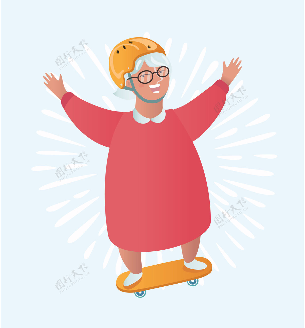 漫画奶奶骑着溜冰鞋的有趣卡通插图酷滑板奶奶