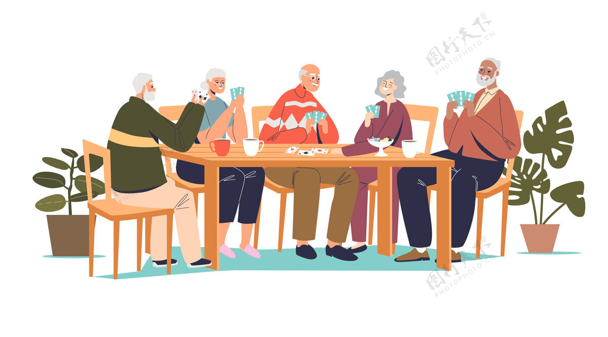 老人一组资深朋友打牌插画欢乐养老金游戏