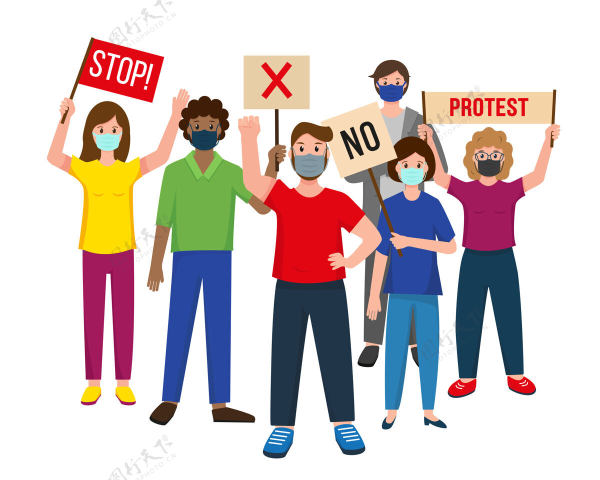 人戴着面具的人们举着横幅站在一起抗议疾病抗议面具