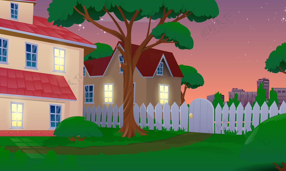 美国日落时院子里的房子颜色土地农舍