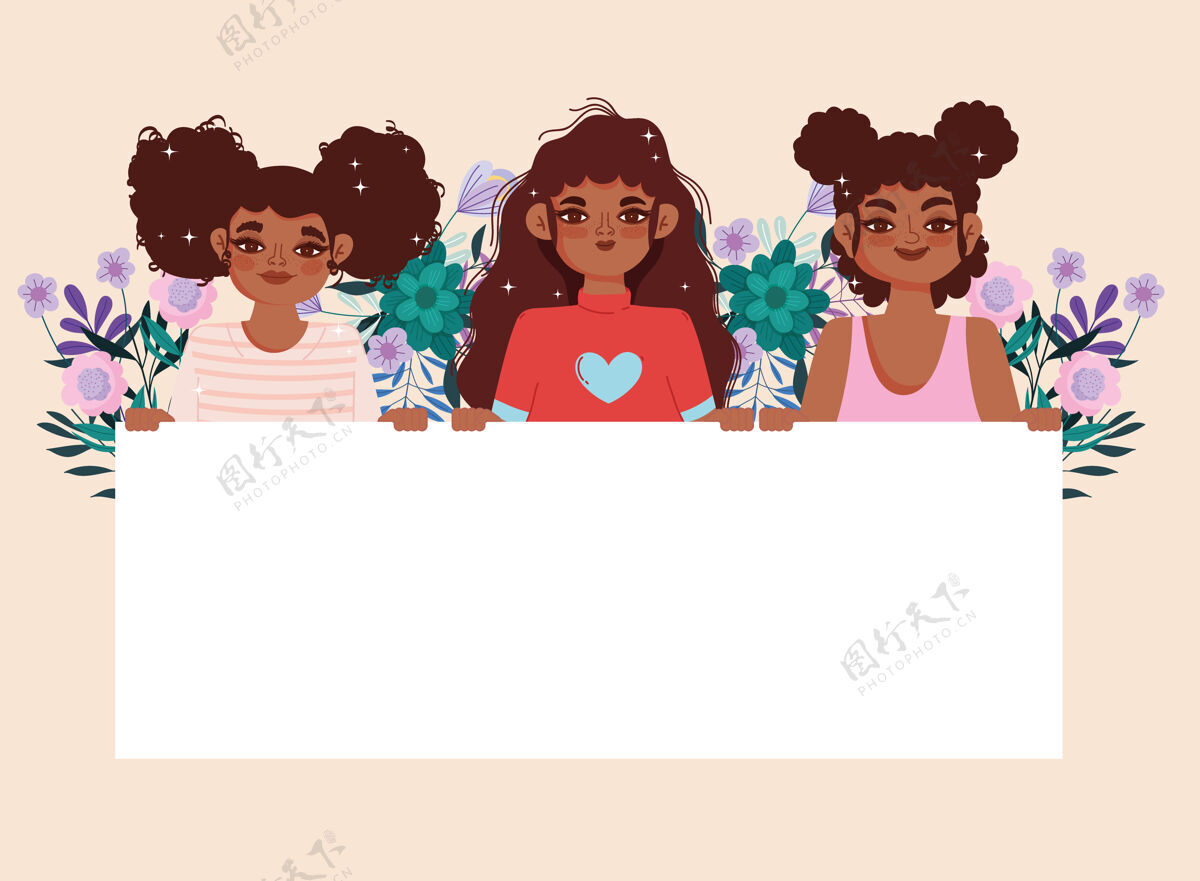 知识非裔美国女孩卡通海报和鲜花装饰惊喜妇女权利漂亮