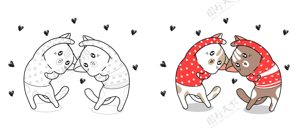 幼稚情侣猫在用心形卡通彩页表演情侣可爱线条