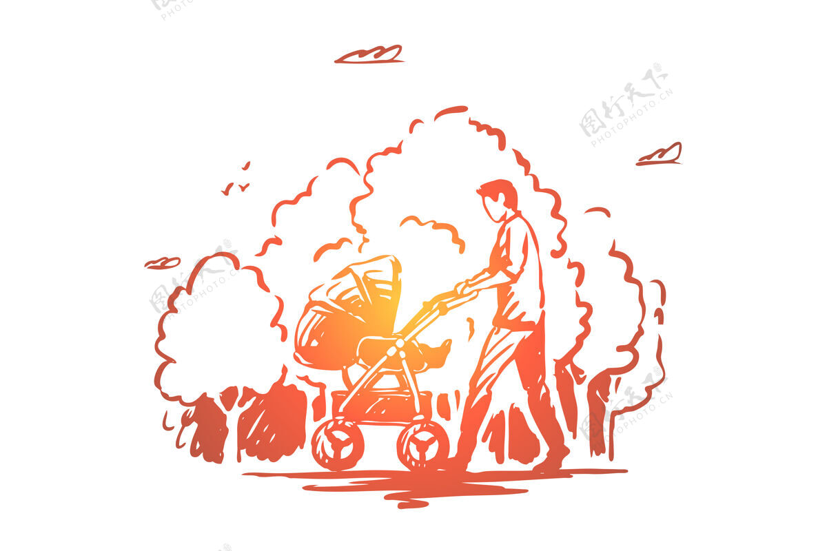 日常爸爸带着婴儿车在公园里散步 爸爸和孩子插画马车树婴儿车