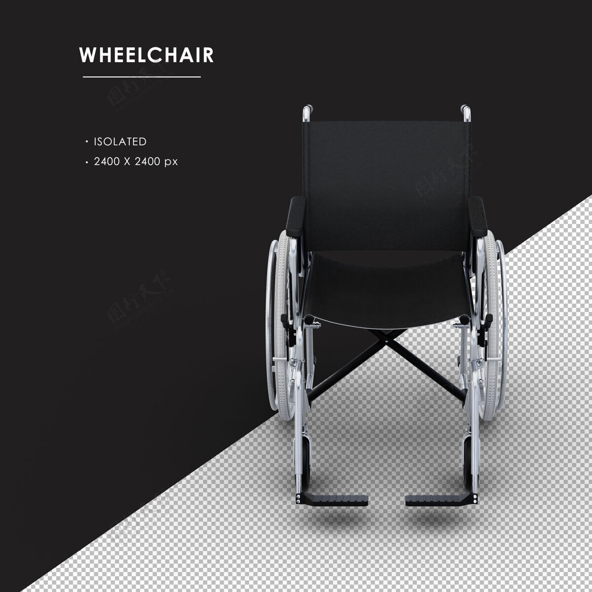 3d渲染孤立的金属轮椅从正面俯视真实椅子轮子