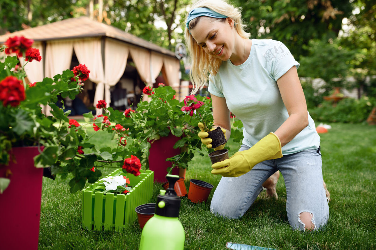 年轻微笑的女人在花园里插花花园女园丁照顾植物户外 园艺爱好 花店的生活方式和休闲植物勺子户外