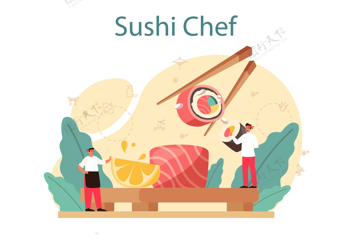 人餐厅厨师做面包卷和寿司烹饪卷帽子