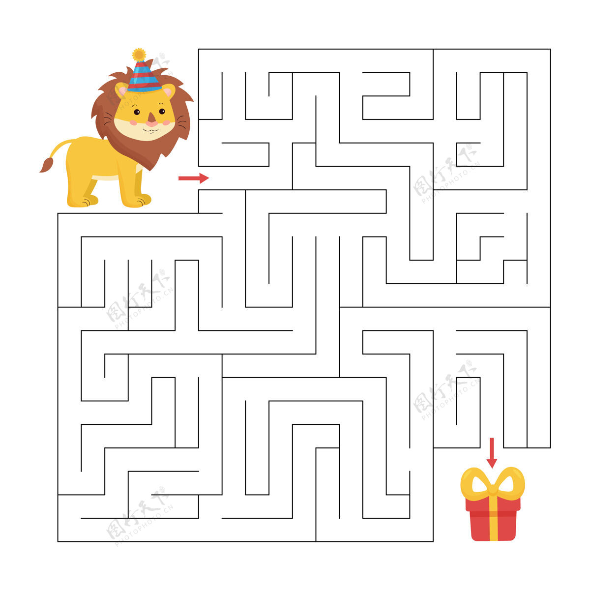 游戏教育迷宫游戏孩子们救命狮子想办法送礼绘画益智工作表