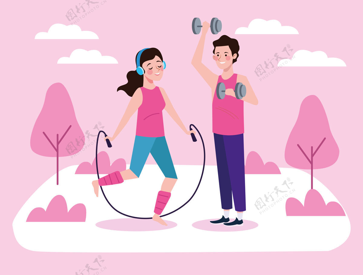 活跃情侣跳绳和举重哑铃人物健活方式插画举重日常女性