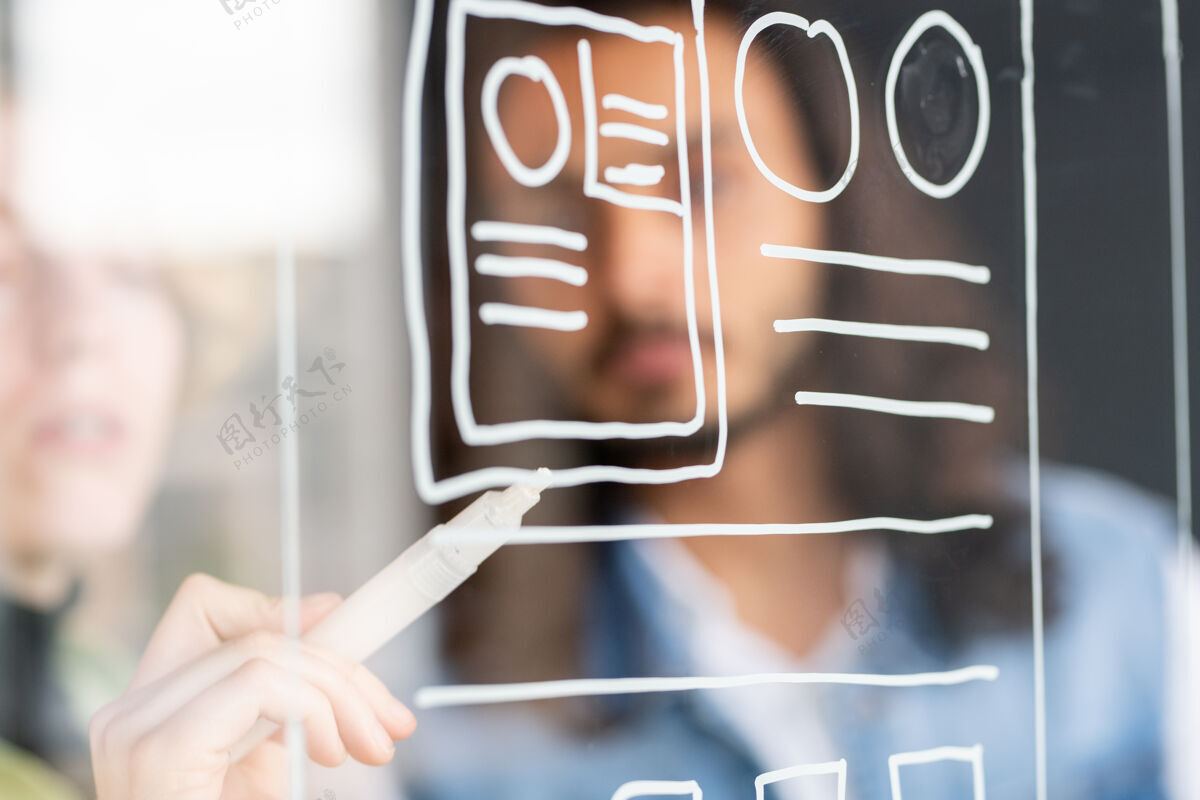 业务人员手绘素描时 手持白色荧光笔的移动应用年轻女开发人员用透明记事板的手男性办公室图表