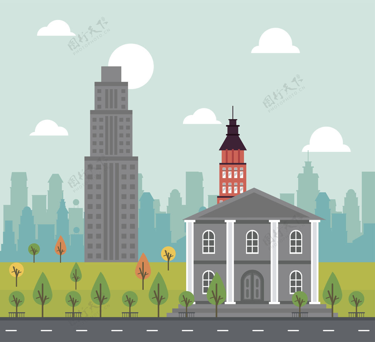 街道城市生活大城市景观与政府大楼和摩天大楼插图现代城市户外