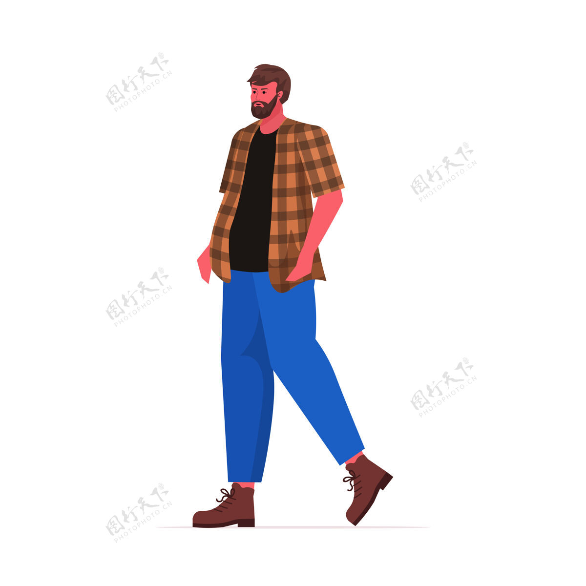 男人穿休闲服的年轻人留着胡须的家伙站着摆出男性卡通人物的姿势手生活方式插图