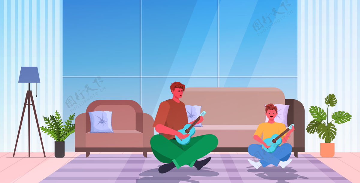 儿子年轻的父亲教小儿子弹吉他育儿育儿的理念爸爸花时间和他的孩子客厅内部全长水平坐着爸爸童年