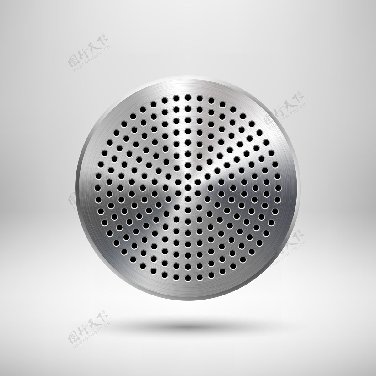 Silver抽象圆形徽章 带圆形穿孔扬声器格栅图案的音频按钮模板 金属质感aluminalUserApplication