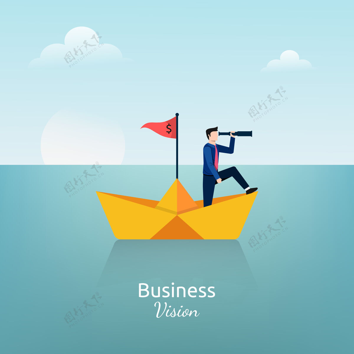 想法商人拿着望远镜站在纸船上symbol.商务视觉插图愿景领导商人